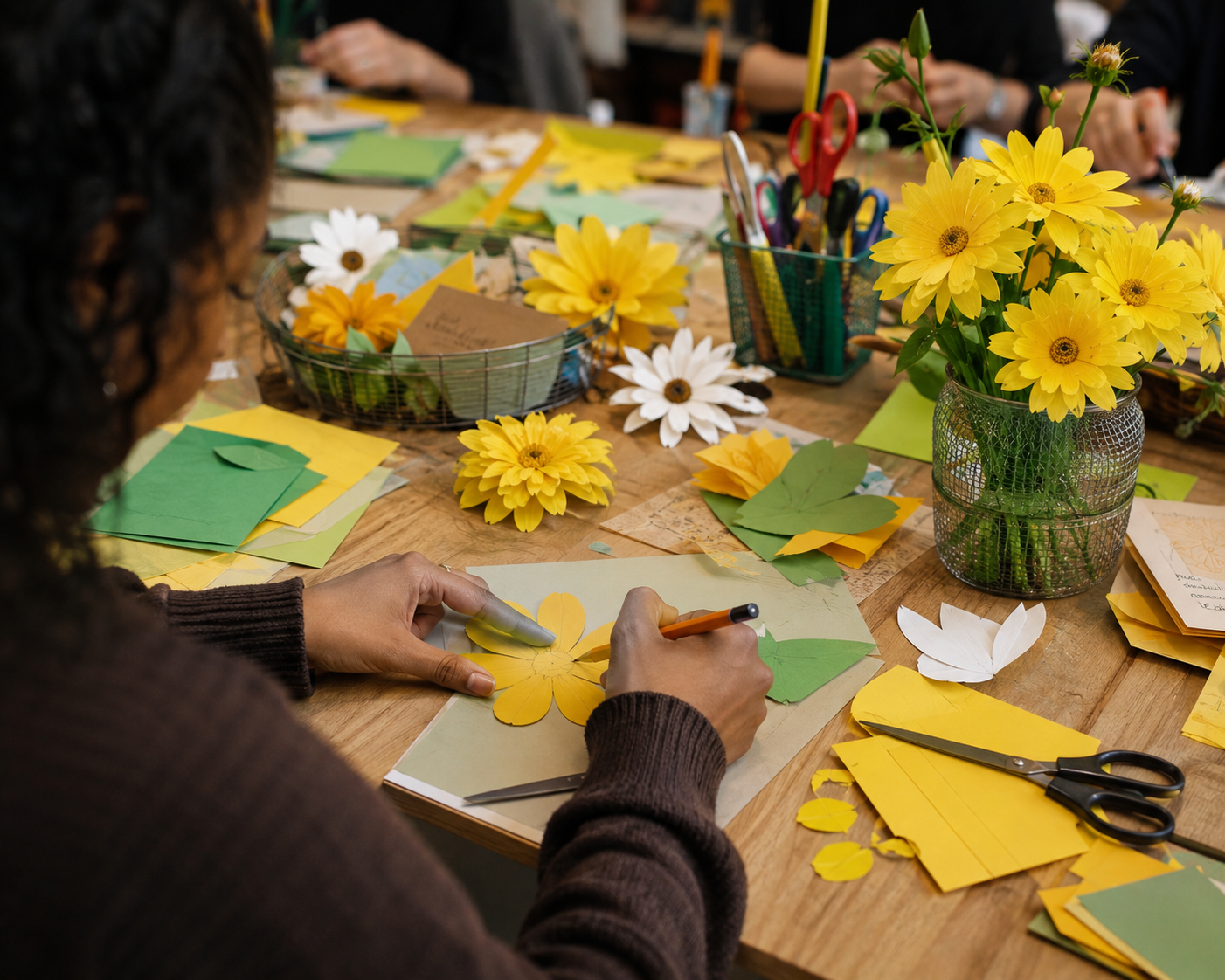 Finished paper Adey Abeba flowers arranged on the workshop table