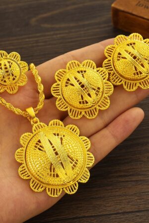 24K Gold-Plated Habesha Bridal Jewellery Set – Earrings, Pendant & Ring – Azmarino Fashion Boutique