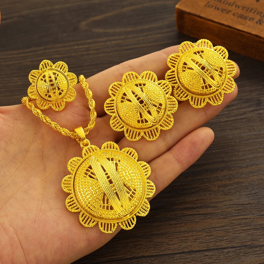 24K Gold-Plated Habesha Bridal Jewellery Set – Earrings, Pendant & Ring – Azmarino Fashion Boutique
