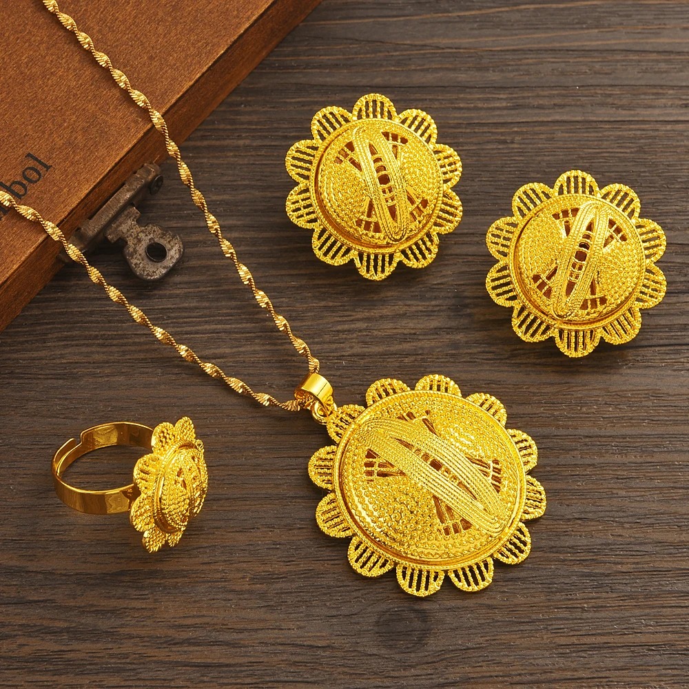 24K Gold-Plated Habesha Bridal Jewellery Set – Earrings, Pendant & Ring – Azmarino Fashion Boutique – view 2