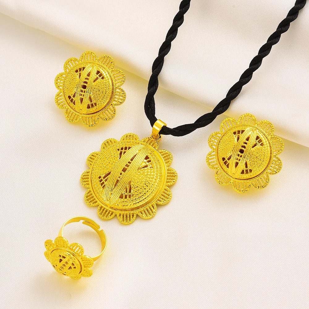 24K Gold-Plated Habesha Bridal Jewellery Set – Earrings, Pendant & Ring – Azmarino Fashion Boutique – view 3