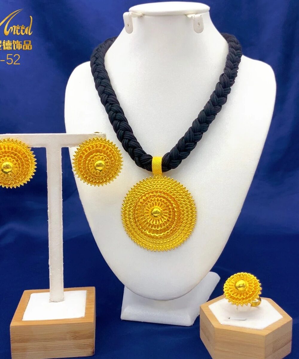 Black Rope Gold-Plated Bridal Necklace & Earrings Set – Azmarino Fashion Boutique