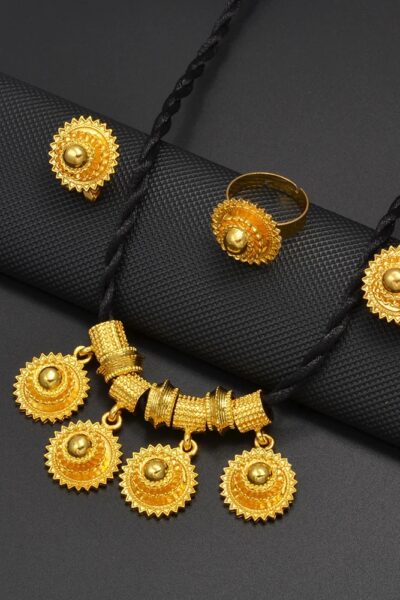 Black Rope Habesha Jewellery Set – Gold-Tone Pendant, Earrings & Ring