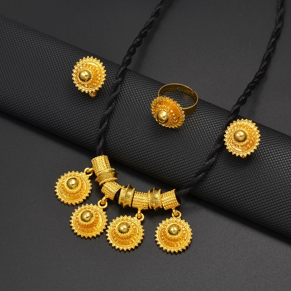 Black Rope Habesha Jewellery Set – Gold-Tone Pendant, Earrings & Ring – Azmarino Fashion Boutique