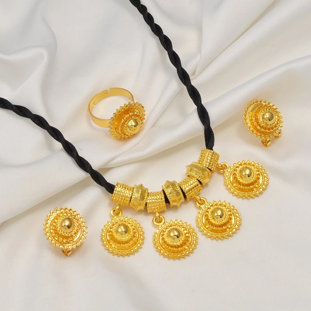 Black Rope Habesha Jewellery Set – Gold-Tone Pendant, Earrings & Ring – Azmarino Fashion Boutique – view 2