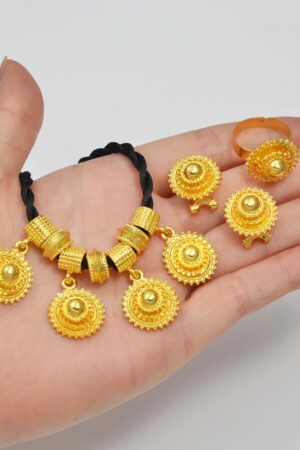 Black Rope Habesha Jewellery Set – Gold-Tone Pendant, Earrings & Ring – Azmarino Fashion Boutique – view 3