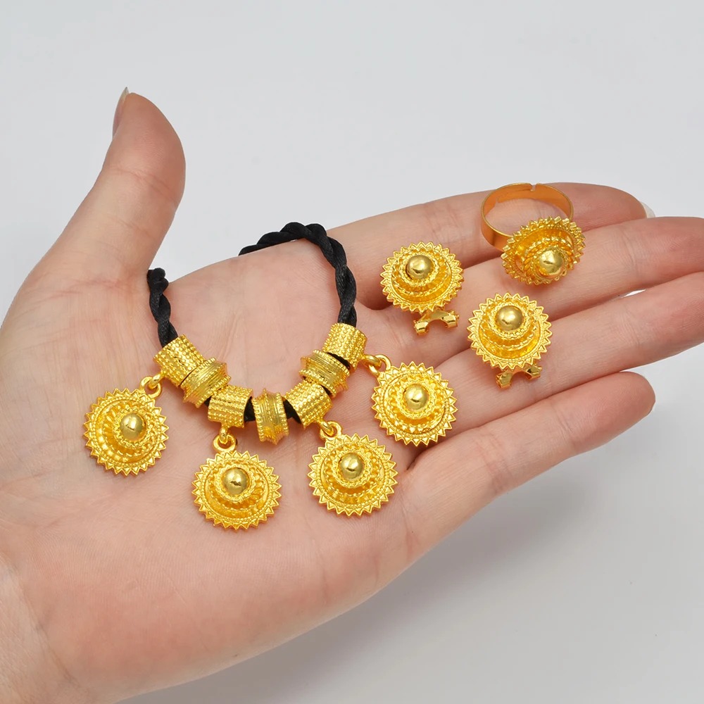 Black Rope Habesha Jewellery Set – Gold-Tone Pendant, Earrings & Ring – Azmarino Fashion Boutique – view 3