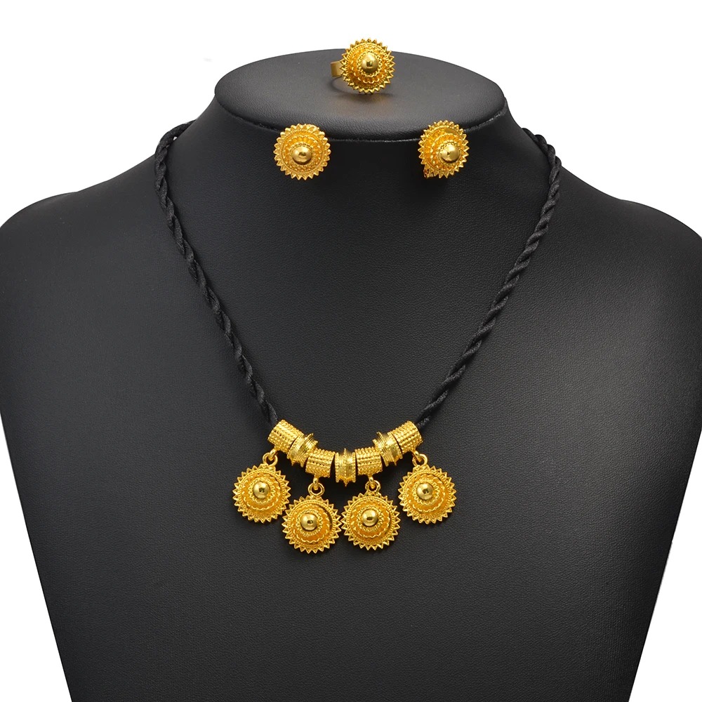 Black Rope Habesha Jewellery Set – Gold-Tone Pendant, Earrings & Ring – Azmarino Fashion Boutique – view 4