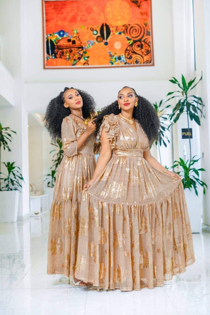 Chiffon Habesha Dress – Beige – Azmarino Fashion Boutique