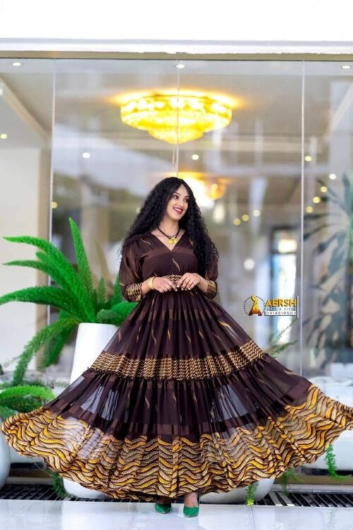 Chiffon Habesha Dress – Black Chiffon with Gold Detail (Style 1) – Azmarino Fashion Boutique