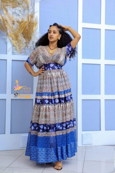 Chiffon Habesha Dress – Blue & Gold Print