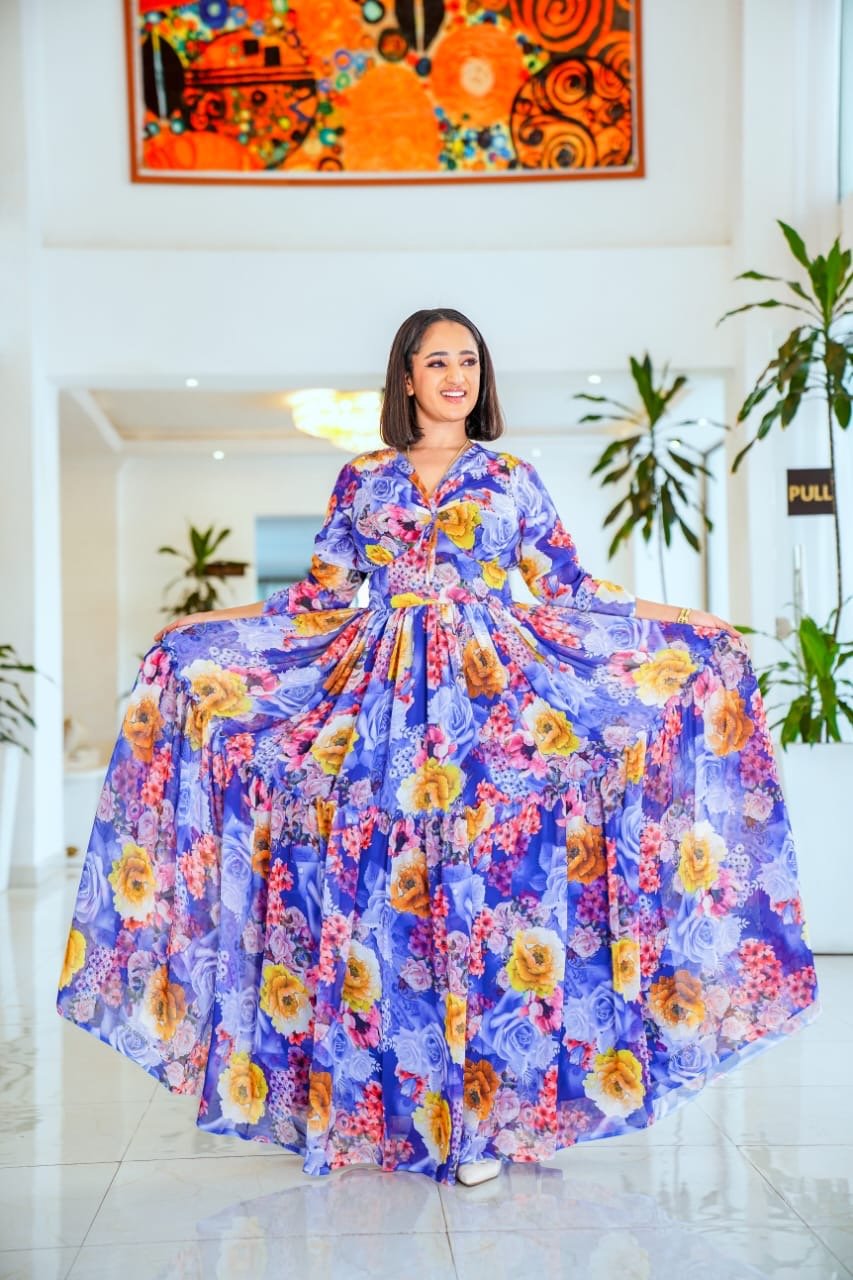 Chiffon Habesha Dress – Blue & Purple Floral – Azmarino Fashion Boutique