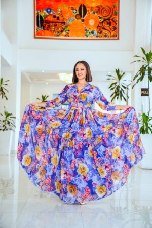 Chiffon Habesha Dress – Blue & Purple Floral – Azmarino Fashion Boutique – view 2