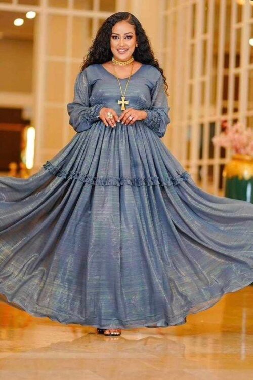 Chiffon Habesha Dress – Blue-Grey Print – Azmarino Fashion Boutique