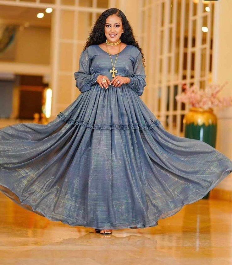Chiffon Habesha Dress – Blue-Grey Print – Azmarino Fashion Boutique
