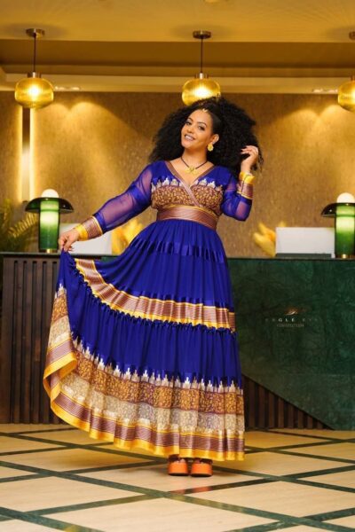 Chiffon Habesha Dress – Blue with Gold Trim