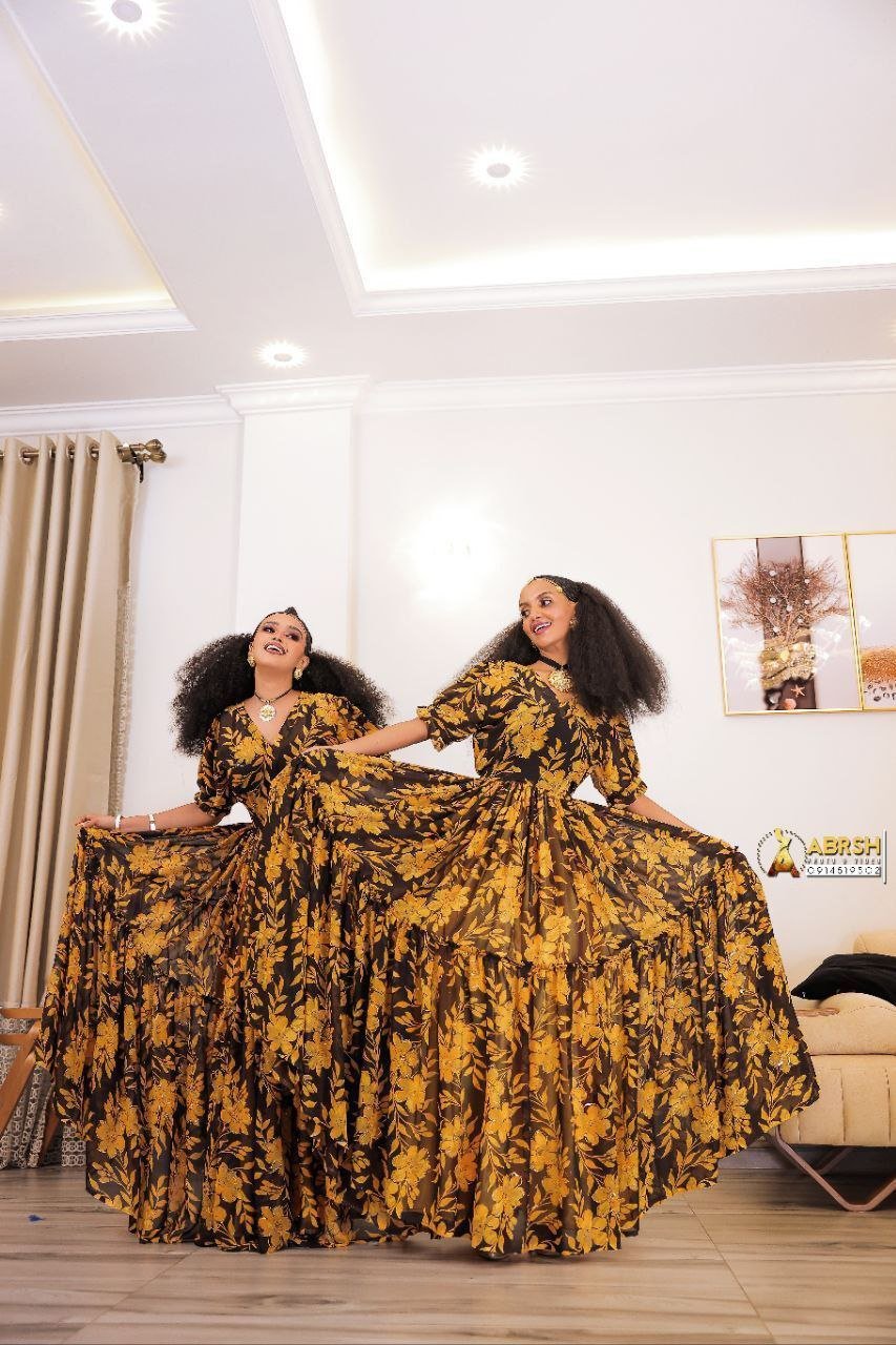 Chiffon Habesha Dress – Brown & Gold Print – Azmarino Fashion Boutique