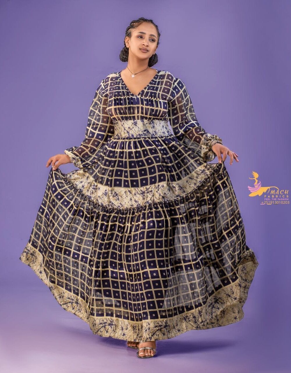 Chiffon Habesha Dress – Brown Check Chiffon (Style 1) – Azmarino Fashion Boutique