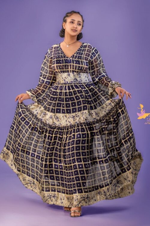 Chiffon Habesha Dress – Brown Check Chiffon (Style 1) – Azmarino Fashion Boutique