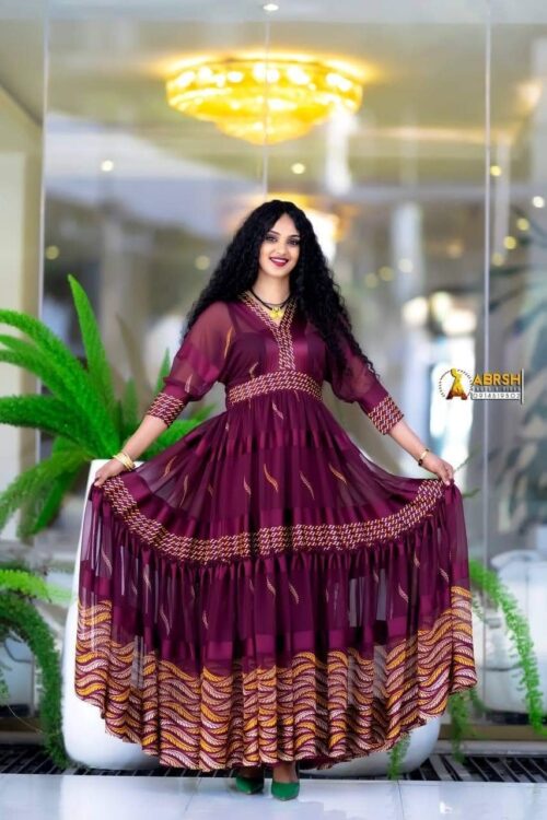 Chiffon Habesha Dress – Burgundy Chiffon (Style 2) – Azmarino Fashion Boutique