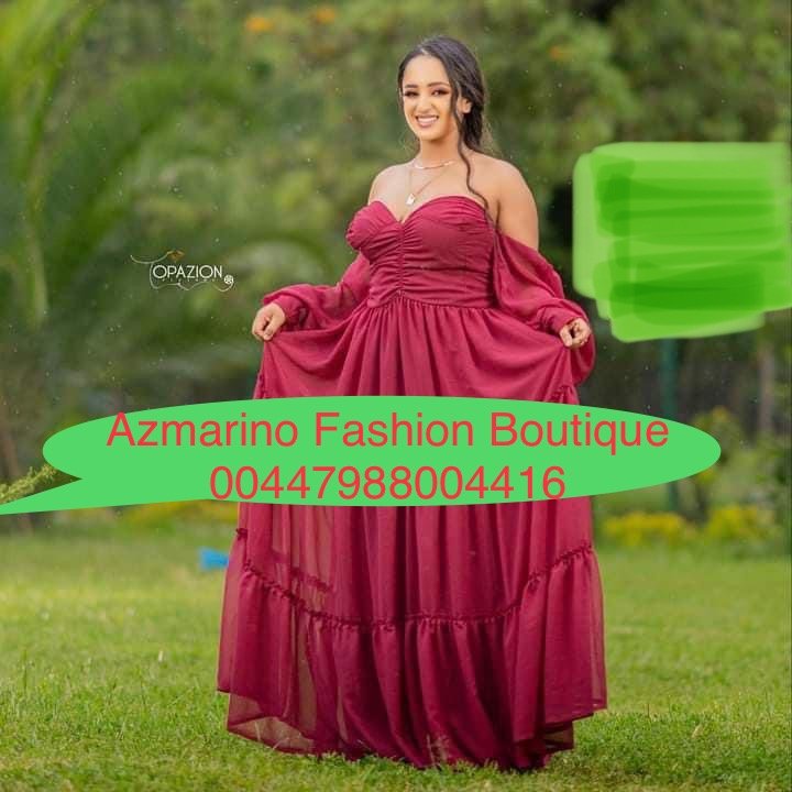 Chiffon Habesha Dress – Burgundy Off-Shoulder – Azmarino Fashion Boutique – view 2