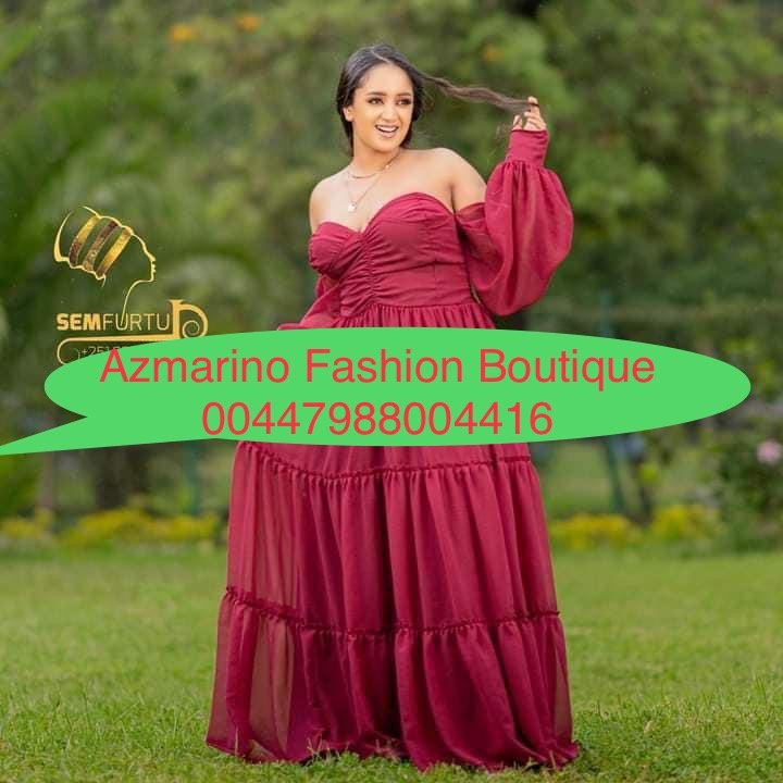 Chiffon Habesha Dress – Burgundy Off-Shoulder – Azmarino Fashion Boutique – view 3
