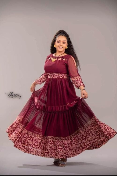 Chiffon Habesha Dress – Burgundy (Style 2) – Azmarino Fashion Boutique