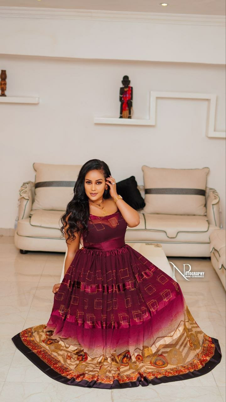 Chiffon Habesha Dress – Burgundy (Style 3) – Azmarino Fashion Boutique