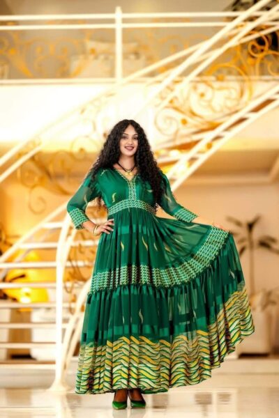 Chiffon Habesha Dress – Green Chiffon (Style 1)