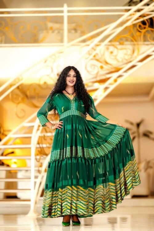 Chiffon Habesha Dress – Green Chiffon (Style 1) – Azmarino Fashion Boutique