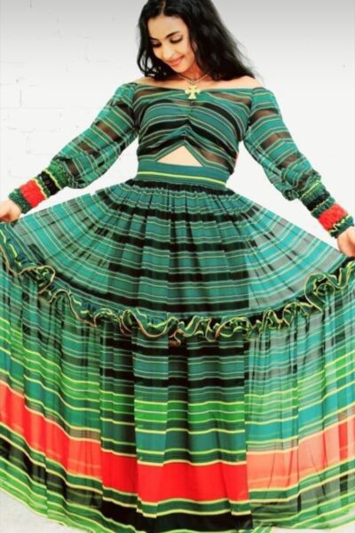 Chiffon Habesha Dress – Green Striped