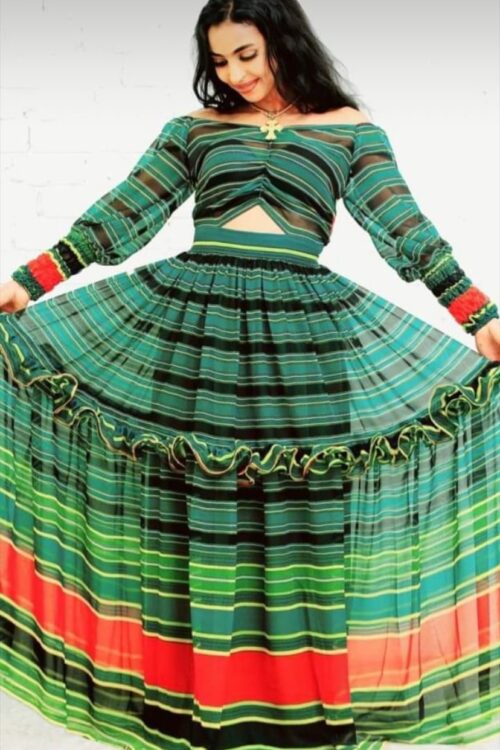 Chiffon Habesha Dress – Green Striped – Azmarino Fashion Boutique