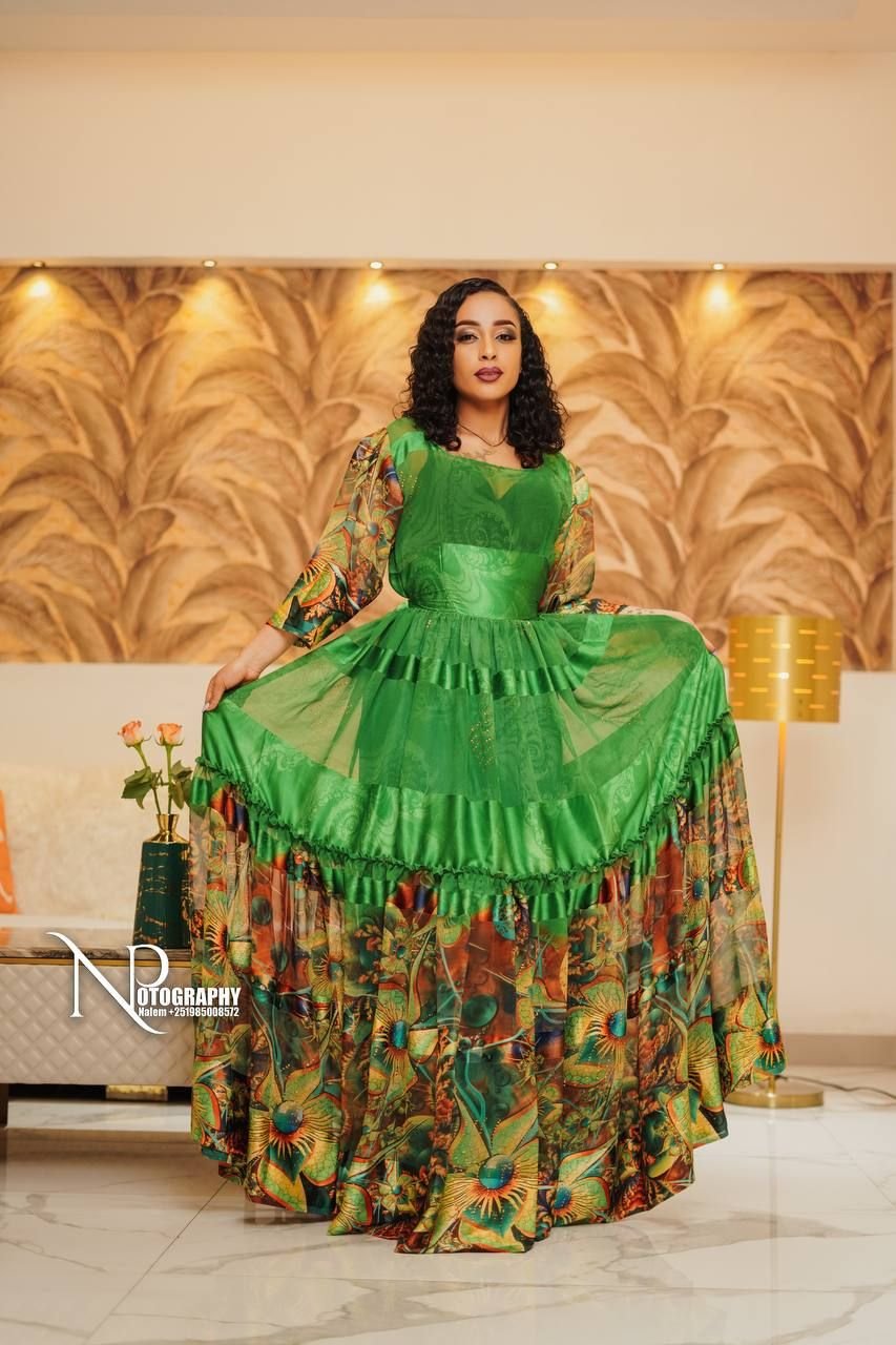 Chiffon Habesha Dress – Green with Gold & Red Hem – Azmarino Fashion Boutique