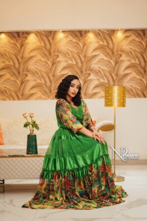 Chiffon Habesha Dress – Green with Gold & Red Hem – Azmarino Fashion Boutique – view 2