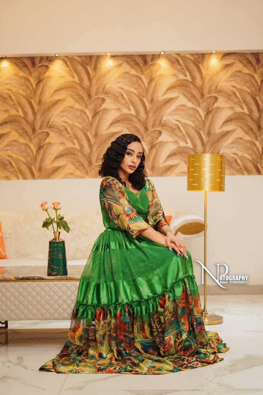Chiffon Habesha Dress – Green with Gold & Red Hem – Azmarino Fashion Boutique – view 2