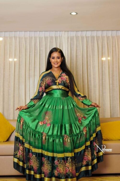 Chiffon Habesha Dress – Green with Gold Pattern (Style 1) – Azmarino Fashion Boutique
