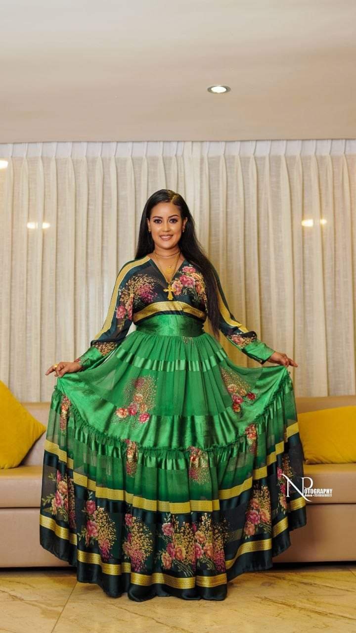 Chiffon Habesha Dress – Green with Gold Pattern (Style 1) – Azmarino Fashion Boutique