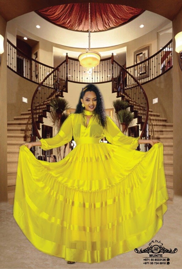 Chiffon Habesha Dress – Green with Gold Pattern (Style 1) – Azmarino Fashion Boutique – view 4