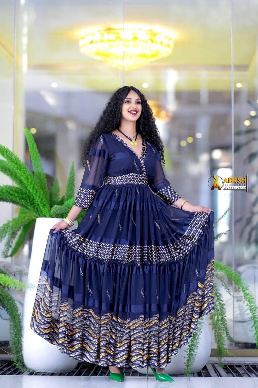 Chiffon Habesha Dress – Navy Chiffon (Style 1) – Azmarino Fashion Boutique