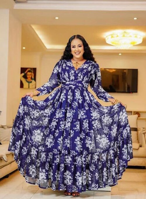 Chiffon Habesha Dress – Navy Floral Print (Style 1) – Azmarino Fashion Boutique