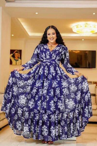 Chiffon Habesha Dress – Navy Floral Print (Style 2)