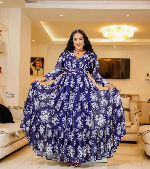 Chiffon Habesha Dress – Navy Floral Print (Style 2) – Azmarino Fashion Boutique