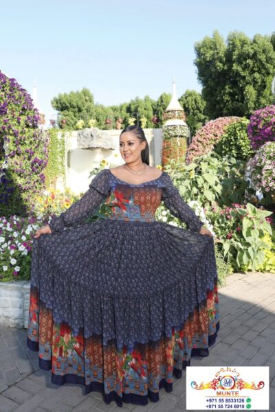 Chiffon Habesha Dress – Navy with Colourful Pattern (Style 1)