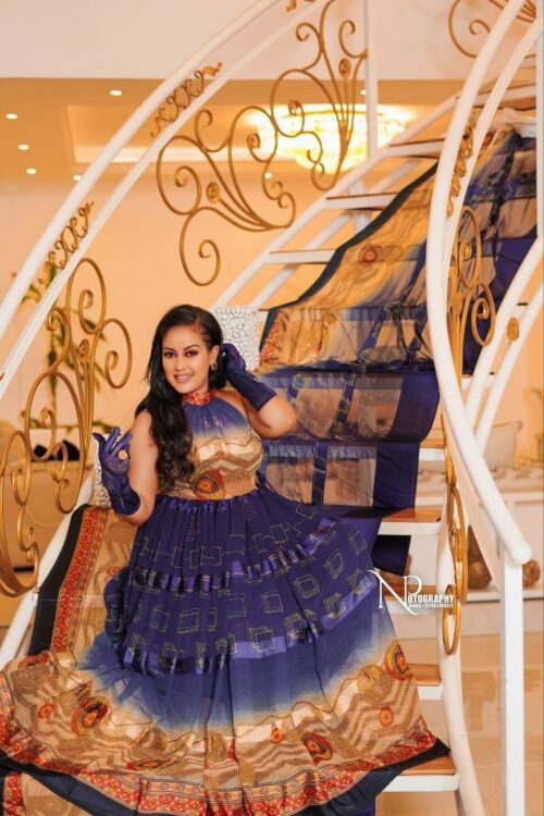 Chiffon Habesha Dress – Navy with Colourful Pattern (Style 2) – Azmarino Fashion Boutique