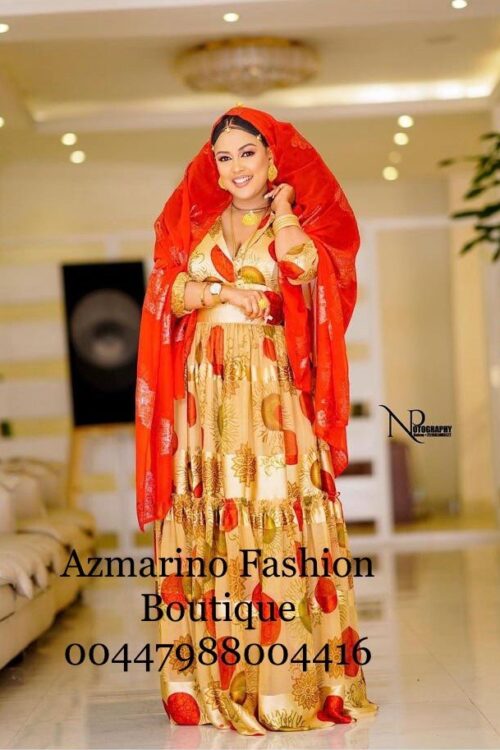 Chiffon Habesha Dress – Orange & Gold – Azmarino Fashion Boutique