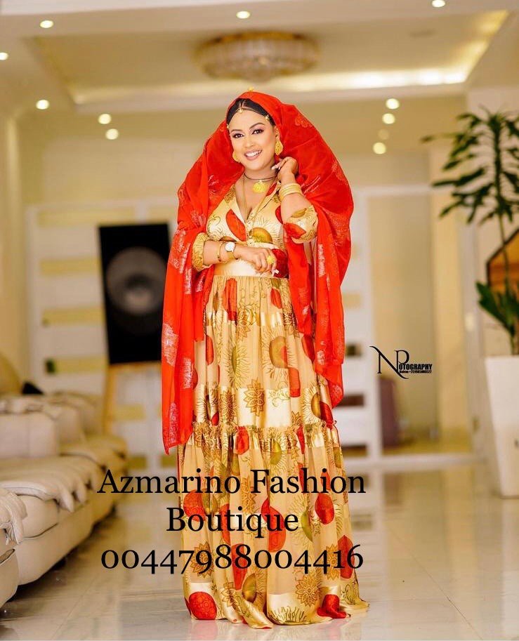 Chiffon Habesha Dress – Orange & Gold – Azmarino Fashion Boutique