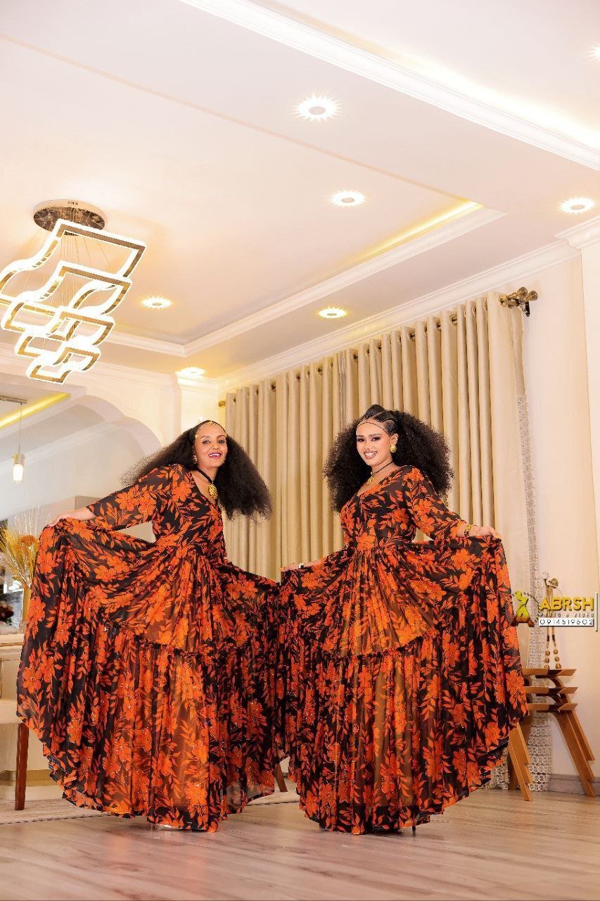 Chiffon Habesha Dress – Orange-Brown Print – Azmarino Fashion Boutique