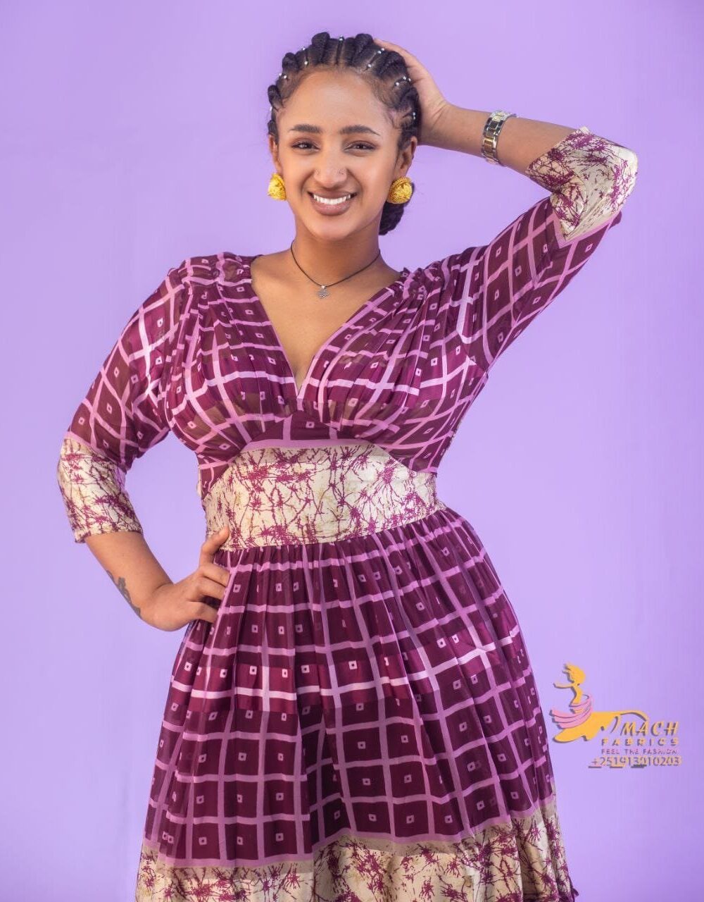 Chiffon Habesha Dress – Purple Check – Azmarino Fashion Boutique