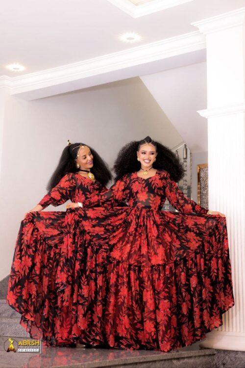 Chiffon Habesha Dress – Red & Black Print – Azmarino Fashion Boutique