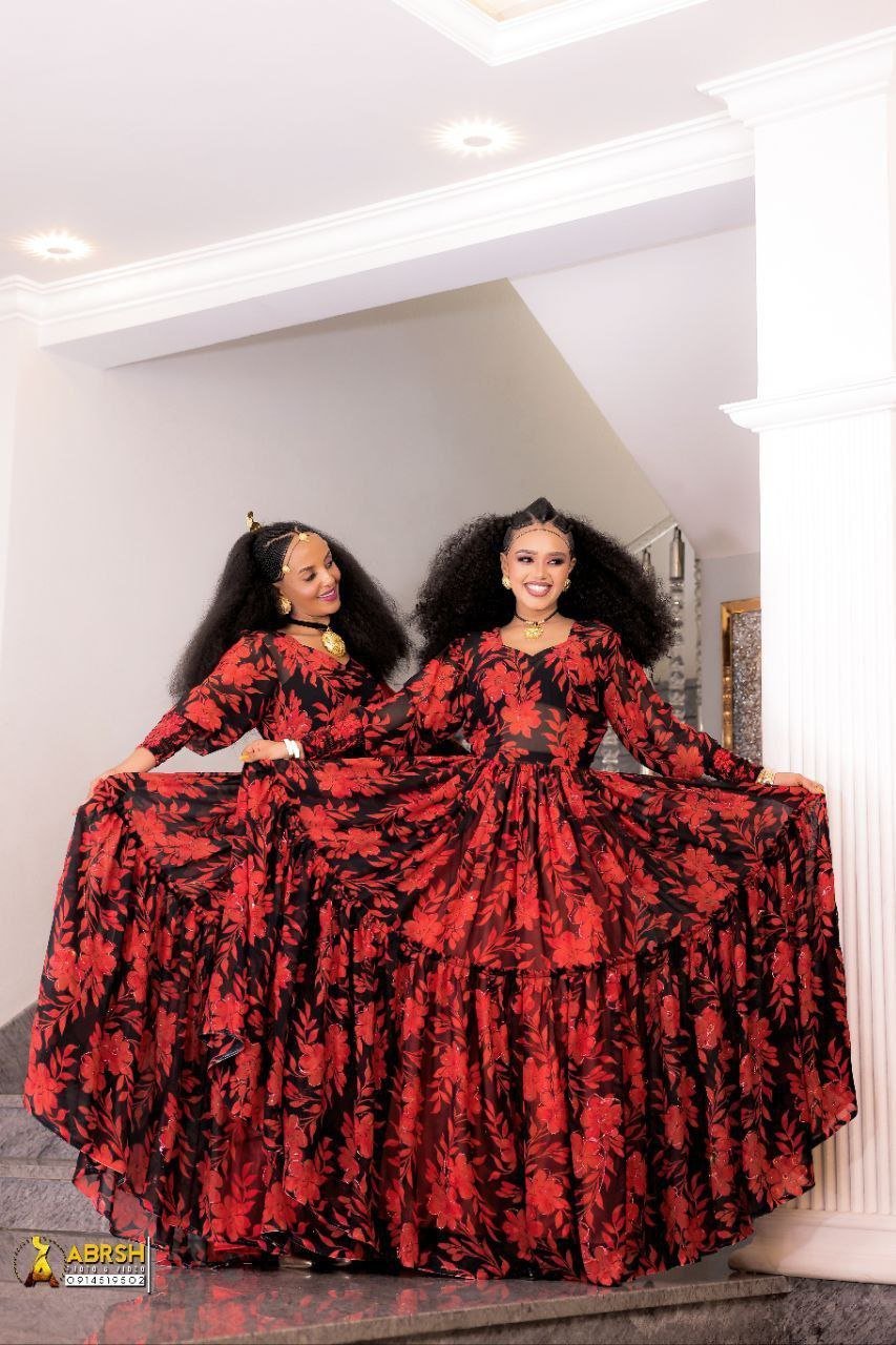 Chiffon Habesha Dress – Red & Black Print – Azmarino Fashion Boutique